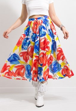 Vintage floral midi skirt in rainbow boho women S-M