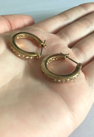 WOMENS VINTAGE 80S 90S EARRINGS GOLD TONE GEM HOOP EARRINGS