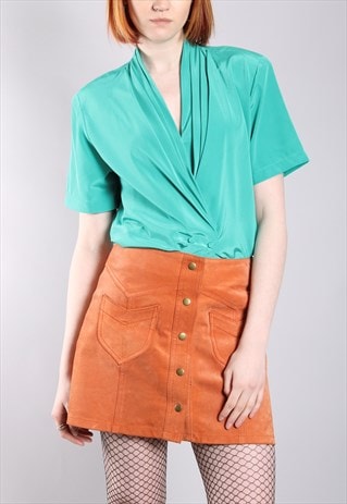 VINTAGE 80S TURQUOISE SATIN WRAP BLOUSE