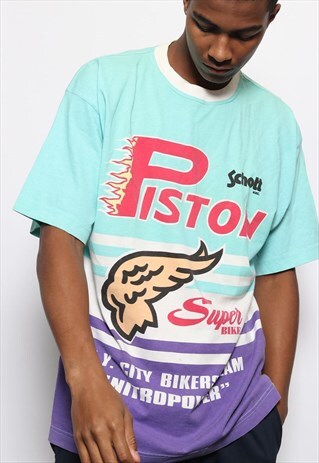 VINTAGE SCHOTT PISTON SUPERBIKE GRAPHIC T-SHIRT BLUE