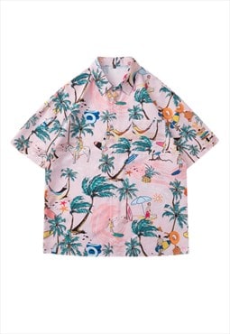 Pink Beach Oversized Short Sleeve Shirt Y2k Unisex