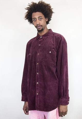 90S MINIMALIST SKATER BURGUNDY GRID CORDUROY SHIRT XXL