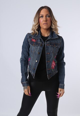 DENIM EMBROIDERED JACKET FITTED VINTAGE UK 10 - 12 (DKEU)