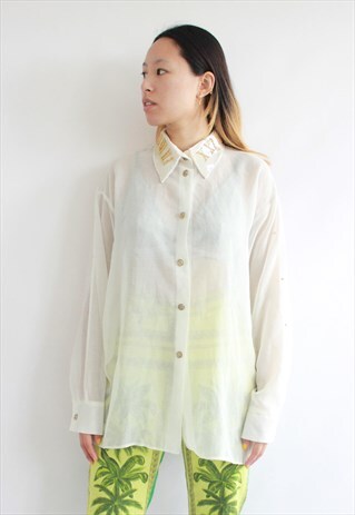 VINTAGE CREAM SHEER BLOUSE WITH GOLD ROMAN NOS EMBROIDERY