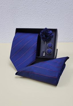 Blue Woven Handkerchief Men Necktie and Lapel Pin Brooch Se