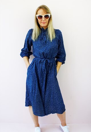 VINTAGE 80'S NAVY FLORAL PRINT A LINE MIDI DAY DRESS