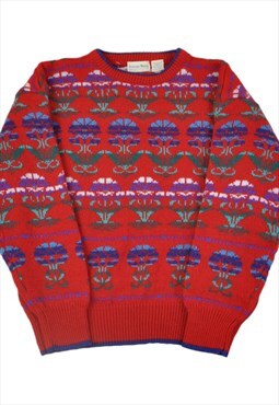 Vintage Knitted Jumper Retro Pattern Red Ladies Small