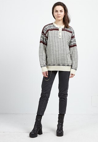 VINTAGE WHITE RED NORWEGIAN DESIGNS KNIT JUMPER SWEATER
