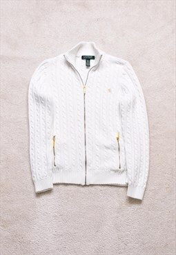 Women's Ralph Lauren White Cable Knit Zip Petite Jacket