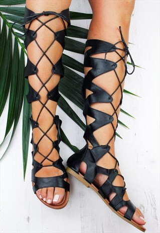 WOMENS LADIES BLACK GLADIATOR STRAPPY FLAT SANDALS SHOES