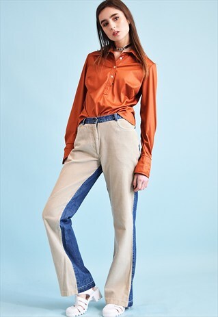 90'S RETRO BOHO REGULAR WAIST CORDUROY & DENIM TROUSERS