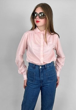 70's Vintage Pale Pink Long Sleeve Cotton Ruffle Trim Blouse