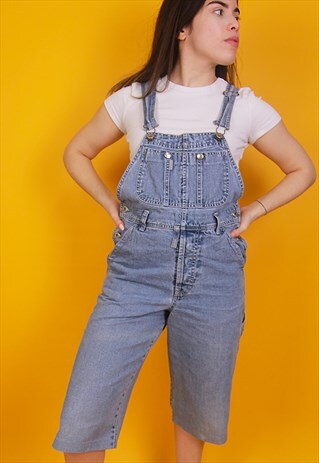 LONGER LEG MID WASH BLUE DENIM DUNGAREE SHORT OVERALLS