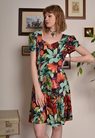VINTAGE 80S FLORAL MIDI DRESS WITH QUEEN ANNE NECKLINE