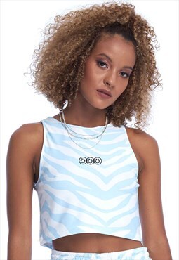 Printed Crop Top in Baby Blue Zebra with Embroidery Detail
