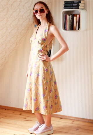 LIGHT BROWN FLORAL HALTERNECK DRESS