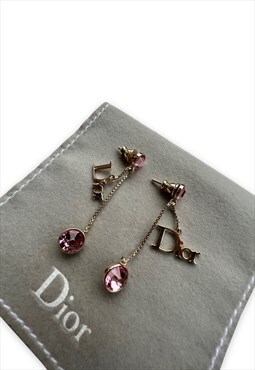 Dior earrings Gold tone pink gem monogram drop dangly