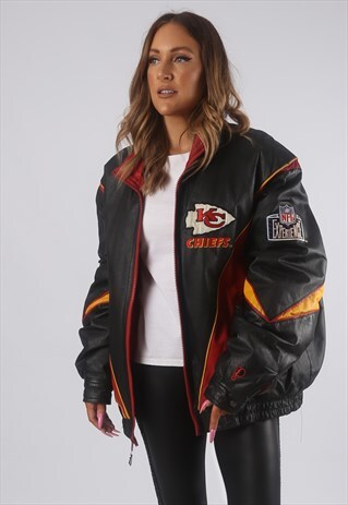 VINTAGE NFL LEATHER BOMBER JACKET USA FOOTBALL UK 18 (G2Q)