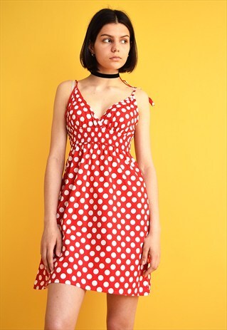 CUTE VINTAGE 70'S RETRO RED TIE UP MINI POLKA DOT DRESS