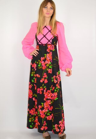 VINTAGE 70S PINK & BLACK FLORAL BOHO FESTIVAL MAXI DRESS
