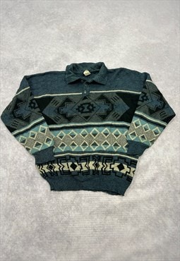 Vintage Knitted Jumper Patterned 1/4 Button Grandad Sweater