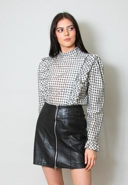 70's Vintage Black White Gingham Check Ruffle Blouse