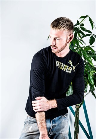 VINTAGE PUMA T-SHIRT IN BLACK WITH A BROWN LOGO PRINT