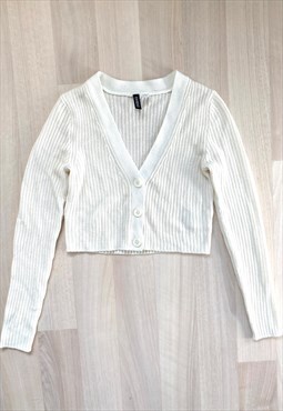 Cream Ribbed Knit Cropped Cardigan