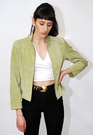 VINTAGE SUEDE JACKET (XS/S) CHARTREUSE GREEN 90S CAFE PANEL