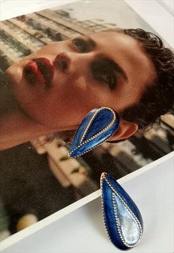 Vintage 80's blue enamel tear drop earrings