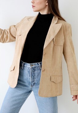 Vintage 90s Suede Blazer Jacket Genuine Leather Beige