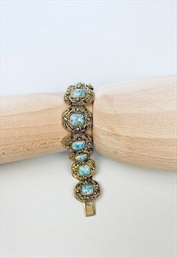 70's Vintage Ladies Bracelet Gold Costume Jewellery Blue 