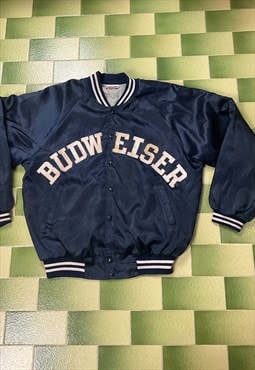Vintage Budweiser Satin Bomber Jacket Snap Button Quilted