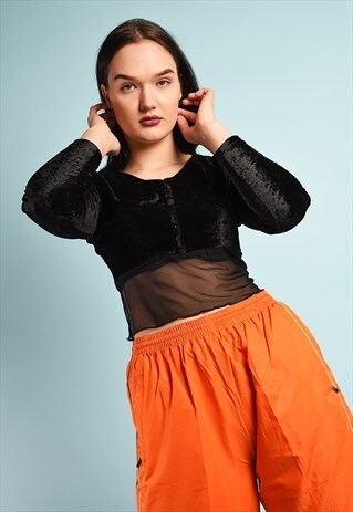 VINTAGE 90'S RETRO VELVET & MESH GRUNGE CROP TOP