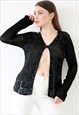 VINTAGE SEQUINNED CROCHET CARDIGAN OPEN FRONT GLAM TOP BLACK