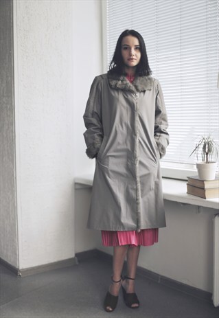 VINTAGE 60'S GREY FAUX FUR COLLAR COAT