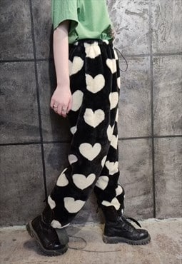 Heart fleece joggers hand made faux fur love overalls black