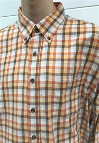 MENS VINTAGE PIERRE CARDIN TOP ORANGE CHECKED 80S SHIRT