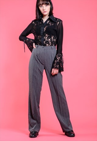 VINTAGE GREY RETRO HIGH WAIST STRIPED FLARE TROUSERS