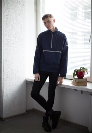 VINTAGE 80'S NAVY WINDBREAKER HIGH COLLAR JACKET