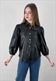Black Faux Leather Victoriana Ladies Puff Sleeve Blouse
