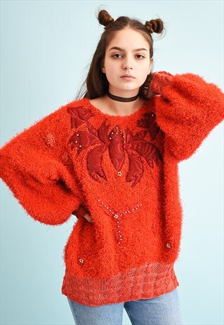 80'S RETRO FLUFFY MOMS BEADED SLOUCHY KNIT JUMPER