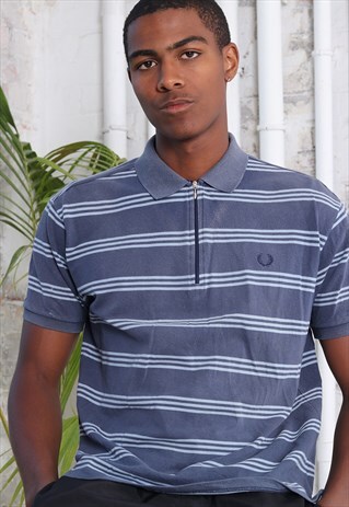 VINTAGE FRED PERRY STRIPED 1/4 ZIP LOGO POLO BLUE