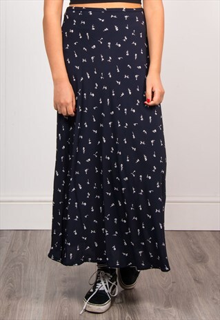 VINTAGE 90'S NAVY BLUE FLORAL PATTERN BOHO MAXI SKIRT
