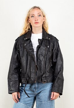 Vintage 80s Leather Biker Jacket in Black