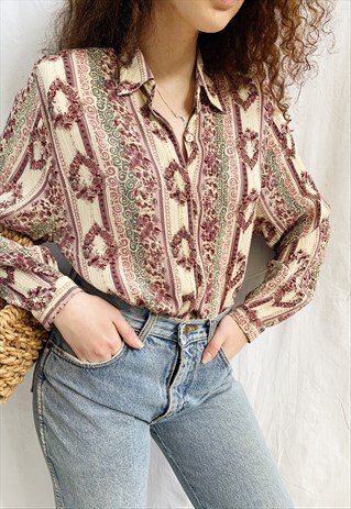 VINTAGE 80S BOHEME VICTORIAN FLORAL PRINT BLOUSE TOP SHIRT