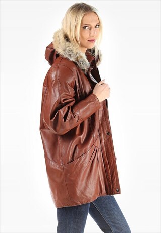 HOODED LEATHER PARKA COAT FAUX FUR TRIM