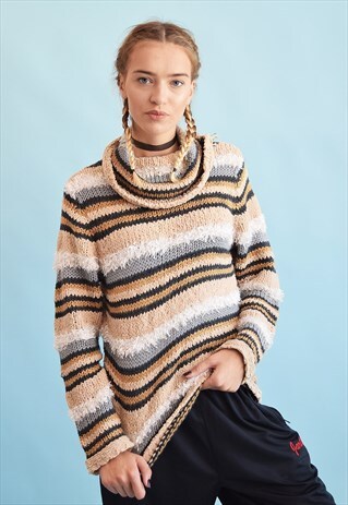 90'S RETRO JAZZY STRIPED KNIT ROLL NECK FLUFFY JUMPER