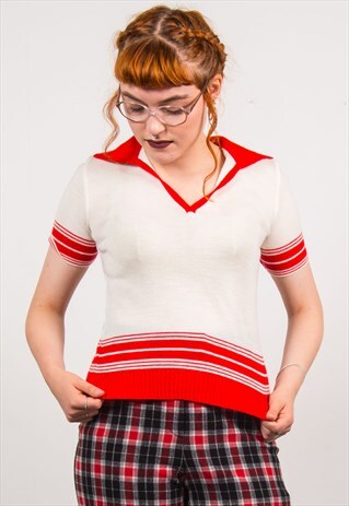 VINTAGE 70'S WHITE & RED STRIPED OPEN COLLAR KNIT TOP