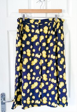 Vintage 90s Sunflower Floral Pattern High Waisted Midi Skirt